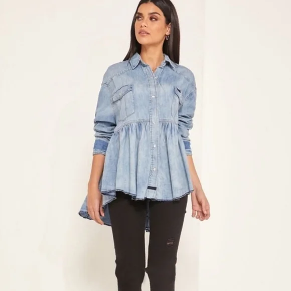 Free People Dylan Babydoll Shacket Snap Front High Low Hem Chambrey Size Sm NWT - Picture 8 of 16